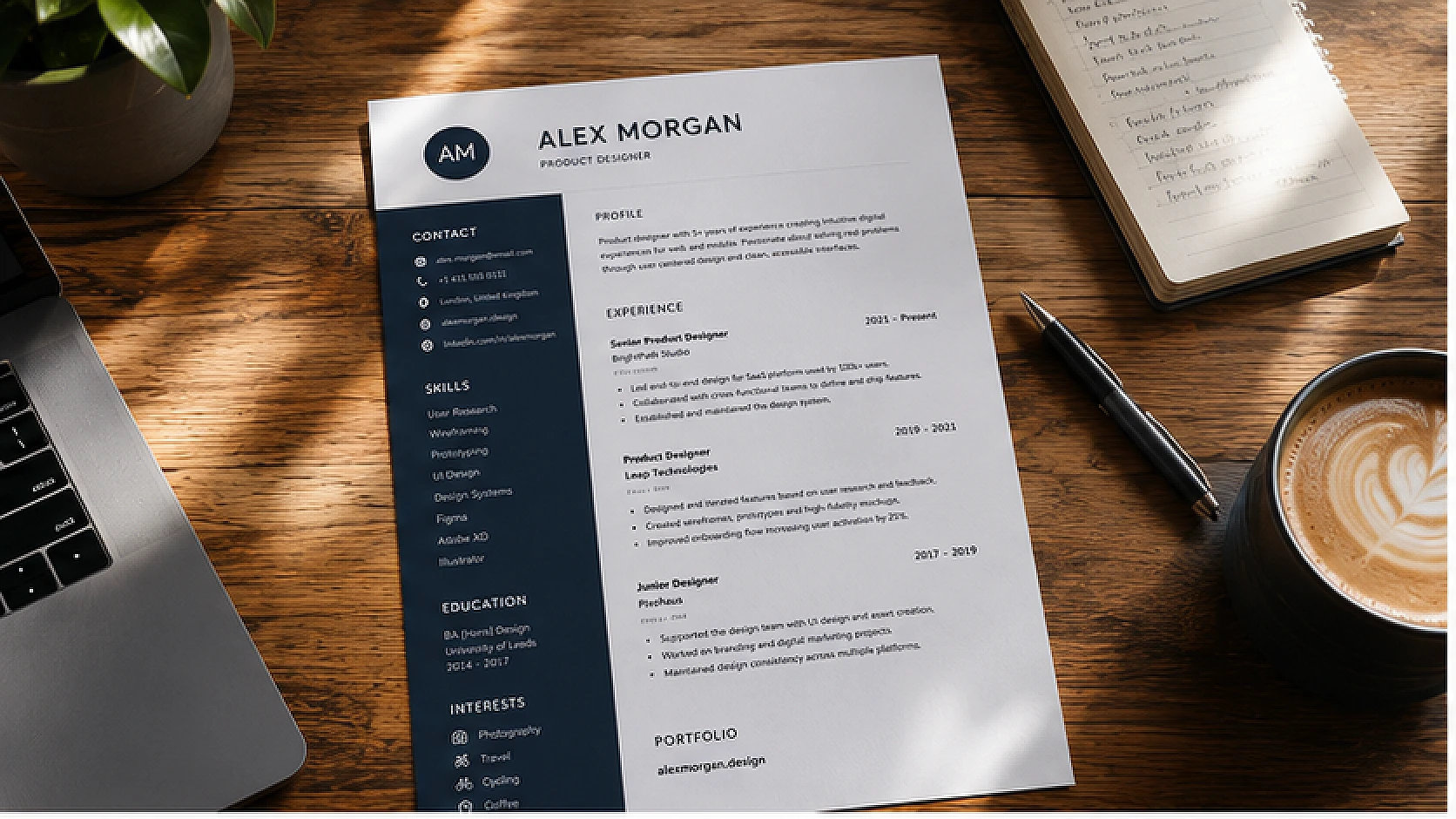 The Alex Morgan résumé template printed on a wooden desk beside a laptop and coffee