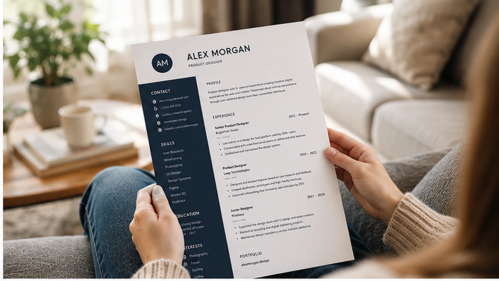 Someone relaxing on a sofa reading their printed résumé